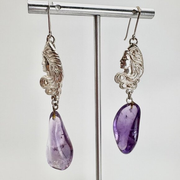 Sterling Silver 925 Amethyst Nugget Victorian Lady Dangle Earrings 3" Length - Picture 1 of 15